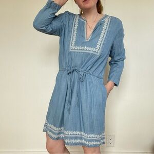 Gap blue denim mini dress with white embroidery and tie waist medium